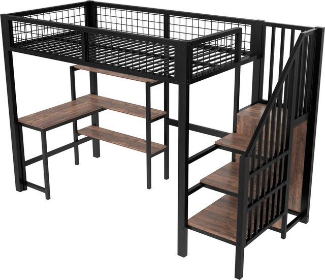 okwish Hochbett für Kinderzimmer mit Einlegeböden und Treppe, Schwarz, B/T: 90 x 200 cm - Bild 1