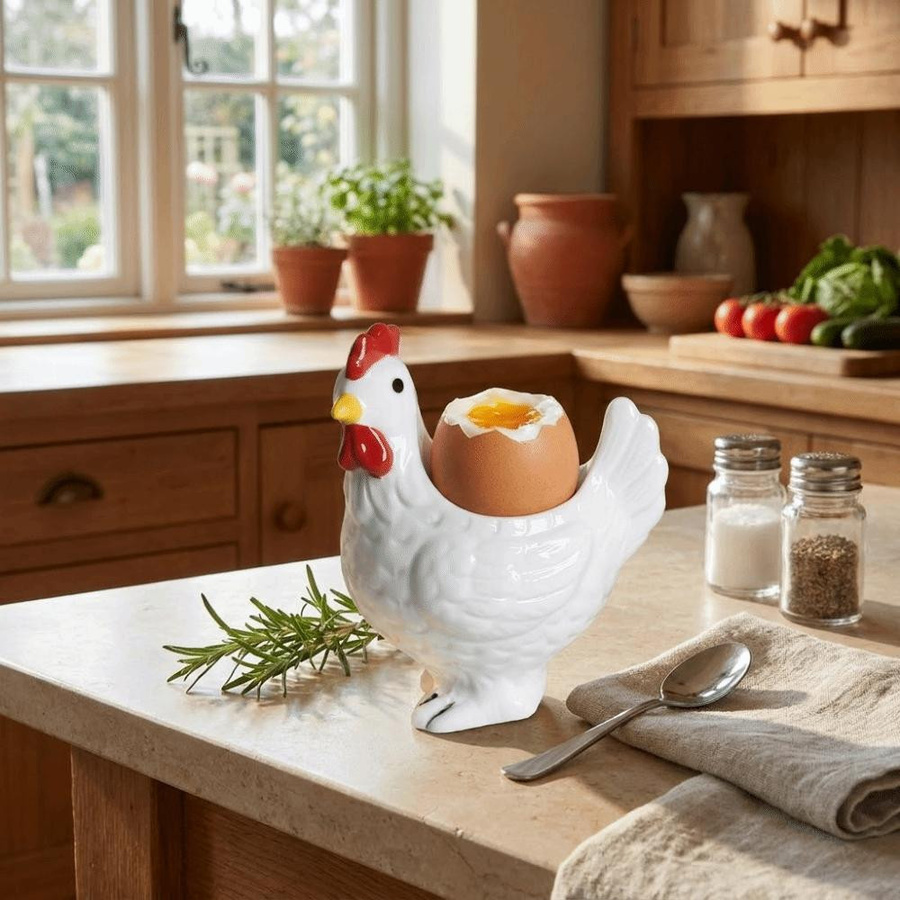 Tymrehtt Eierbecher aus Keramik in Hühnerform, braun und weiß, Bauernhaus-Dekor für gekochte Eier - Bild 3