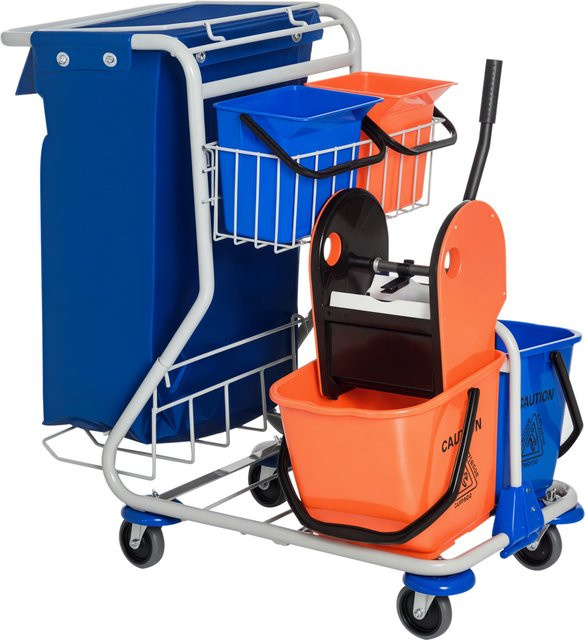 HOMCOM Professioneller Reinigungswagen mit Moppressel und 4 Eimern, Blau Orange, B/H/T: 93 x 97 x 80 cm - Bild 1