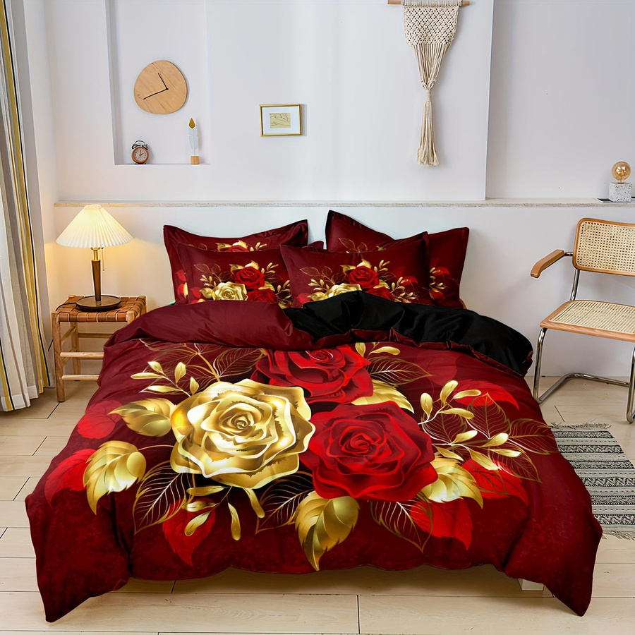 Bettbezug-Set mit romantischem Rosenmuster in Rot, atmungsaktives Microfaser-Material mit Reißverschluss, B/H: 180 x 210 cm - Bild 3