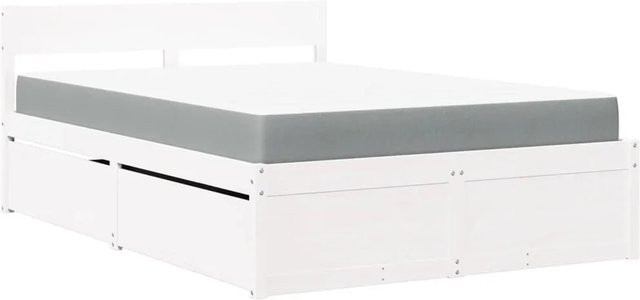 vidaXL Bett mit Schubladen aus massivem Kiefernholz in Weiß mit Matratze, B/T/H: 140 x 190 x 78 cm, rustikale Optik - Bild 1
