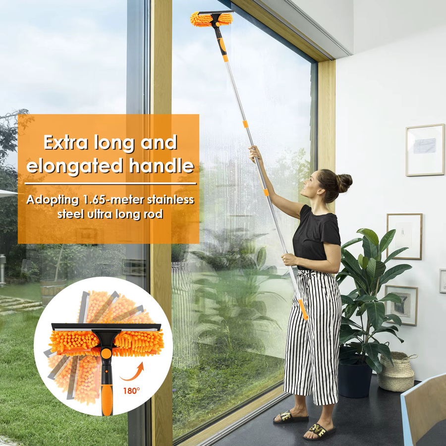 Willstar 2-in-1 Fensterreinigungsset mit Teleskopstange, doppelseitiger Glasabzieher und 180 Grad schwenkbarem Mopp, Orange, Höhe: 190 cm - Bild 5