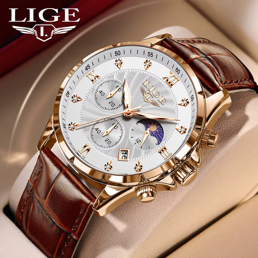 LIGE Armbanduhr Chronograph, Quarz, Leder, Blau, Roségold, Herren - Bild 6
