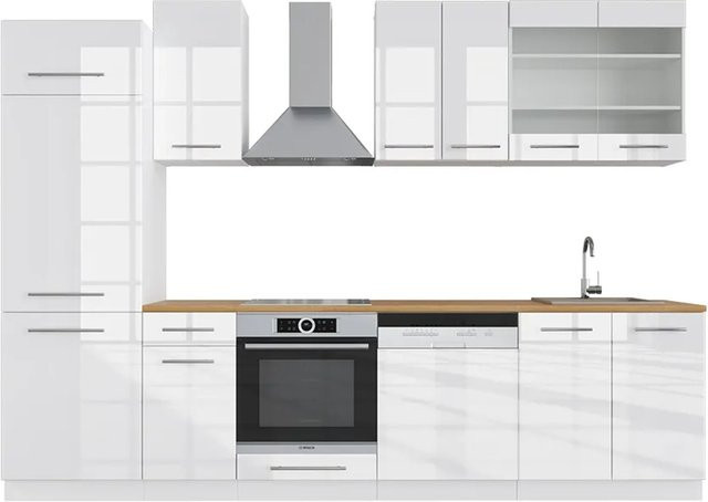 Vicco Fame-Line Küchenzeile Weiß Hochglanz und Eiche modern mit Soft-Close-Türen Breite: 300 cm, Höhe: 82 cm, Tiefe: 60 cm - Bild 1