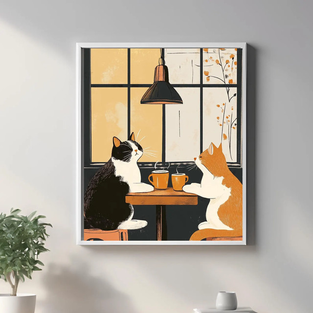 Vintage Katzen Kaffee Poster von SHENCHEN als lustige Wandkunst für Katzenbesitzer in Schwarz und Mehrfarbig - Bild 1