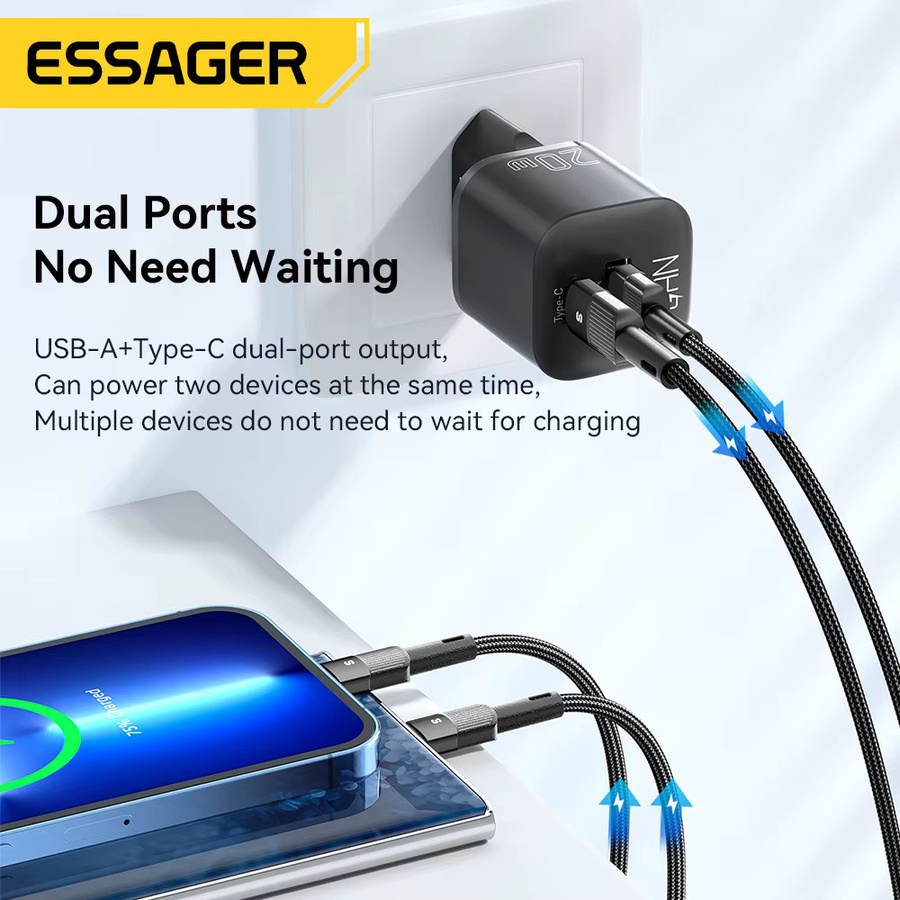 Essager 20W GaN USB Typ C Ladegerät mit PD und QC 3.0 Schnellladung in Schwarz - Bild 2