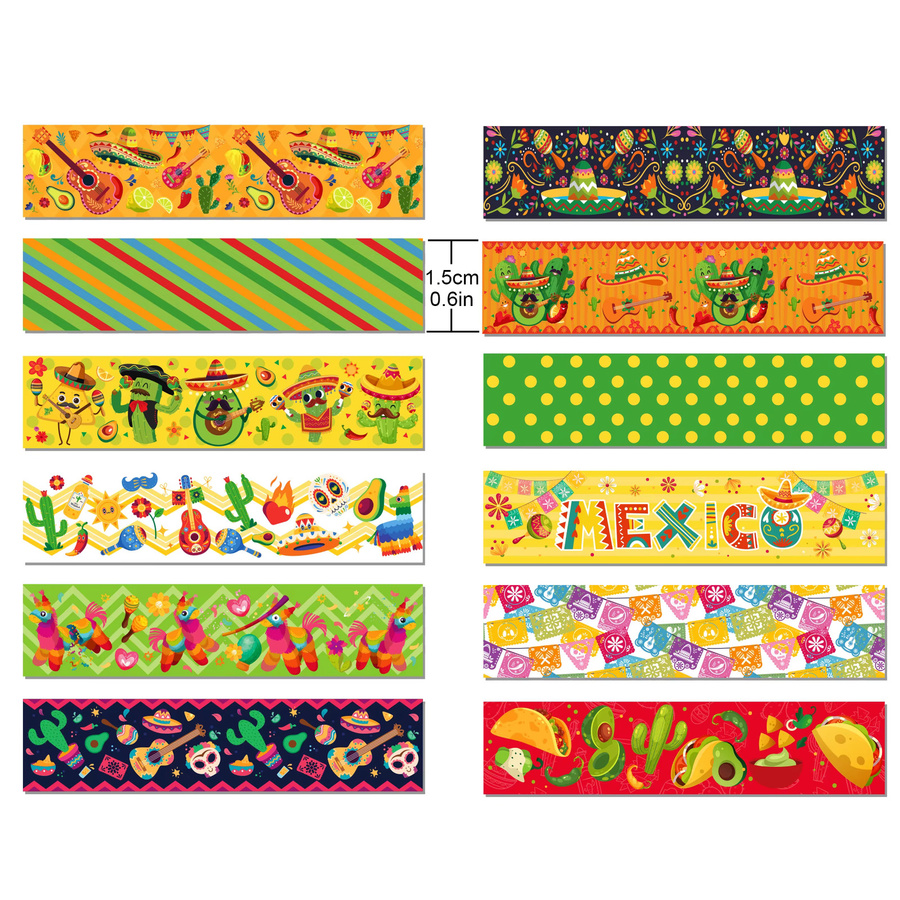12 Rollen Washi Tape mit Cartoon Cinco de Mayo Motiven in Multicolour für Scrapbooking und Briefpapier - Bild 4
