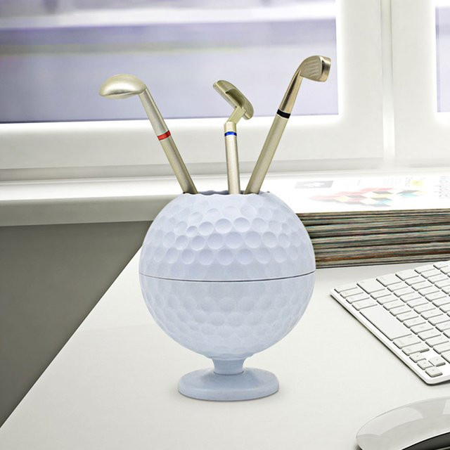 Golfball Modell Stifthalter mit 3 Golf Kugelschreibern in Weiß als Desktop Geschenk für Golfer - Bild 1