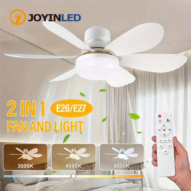 JOYINLED Smart LED Kronleuchter mit Deckenventilator, 6 Flügel, dimmbar, Fernbedienung, Farbe: Weiß, E27 Fassung - Bild 1