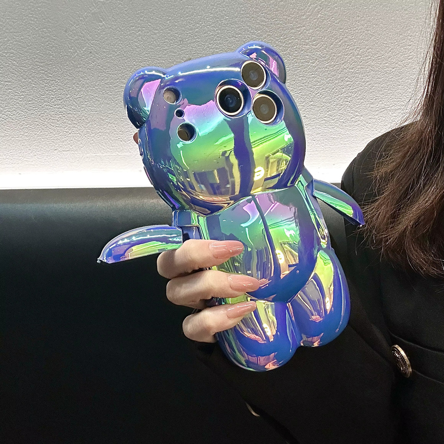 Stoßfeste Handyhülle mit buntem 3D-Bären-Design und Farbverlauf für Apple iPhone 12 bis 17 Pro Max, transparent und pink - Bild 3