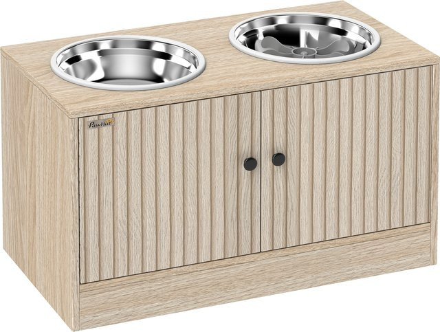 PawHut Futterstation für große Hunde mit Aufbewahrungsschrank und 2 Schüsseln, erhöhter Hundenapf mit Anti-Rutsch-Ringen und Langsamfutternapf, Farbe: Eiche/Braun, Marke: Aosom - Bild 1