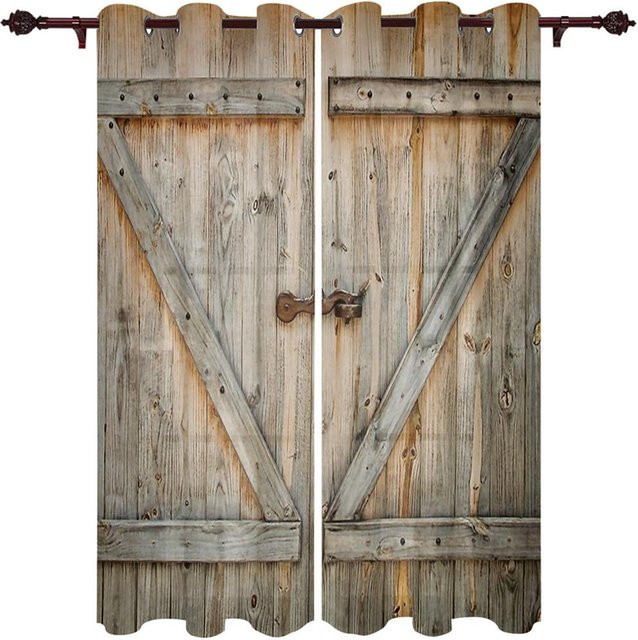 Rustikale Fenstervorhänge von A Family Of Home Textiles mit Vintage-Mittelalter-Holztür-Print in Braun, halbtransparent mit Ösen, Breite: 135 cm, Höhe: 185 cm - Bild 1