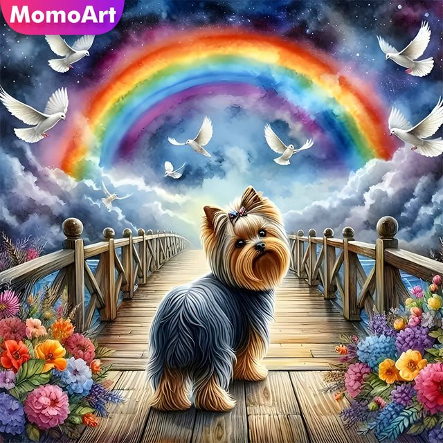 Momoart Diamantmalerei Hund und Taube mit Blumen als Kreuzstich-Set für Anfänger, Wanddekoration, Mehrfarbig, B/H: 20 x 20 cm - Bild 1