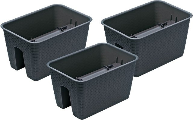 PROSPERPLAST Geländertopf Ratolla Railing 3er Set in Anthrazit, Rechteckig mit Rattangeflecht-Optik, B/T/H: 39,6 x 27,2 x 22,5 cm - Bild 1