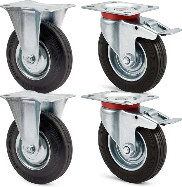 Wiltec Transportrollen Set in Schwarz mit 2x Doppelstopp-Lenkrollen und 2x Bockrollen, Durchmesser: 100 mm, Tragkraft: 70 kg - Bild 1