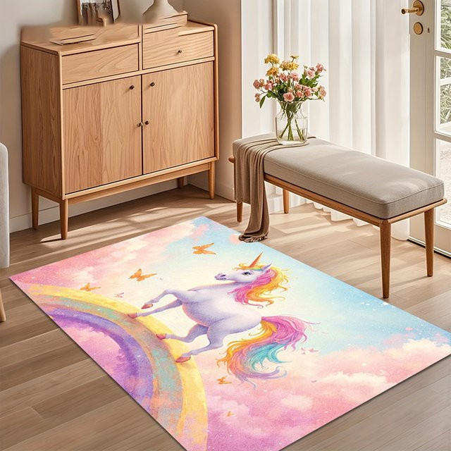 Waschbarer Einhorn-Teppich mit Regenbogen-Pastell-Aquarell-Design, rutschfest, mehrfarbig, rechteckig - Bild 1