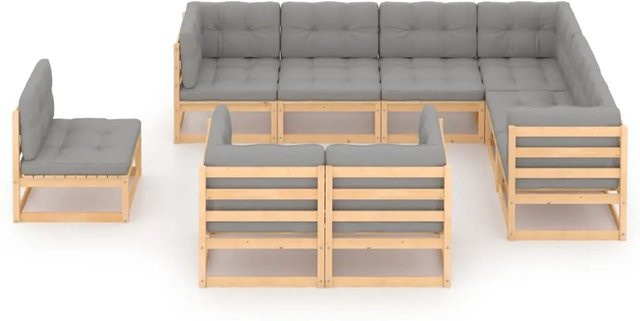 vidaXL 9-tlg Garten-Lounge-Set Modell 30 aus massivem Kiefernholz in L-Form mit grauen Kissen - Bild 1