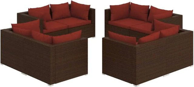 vidaXL 8-tlg Garten-Lounge-Set in L-Form aus Poly Rattan mit Kissen in Braun und Rot - Bild 1