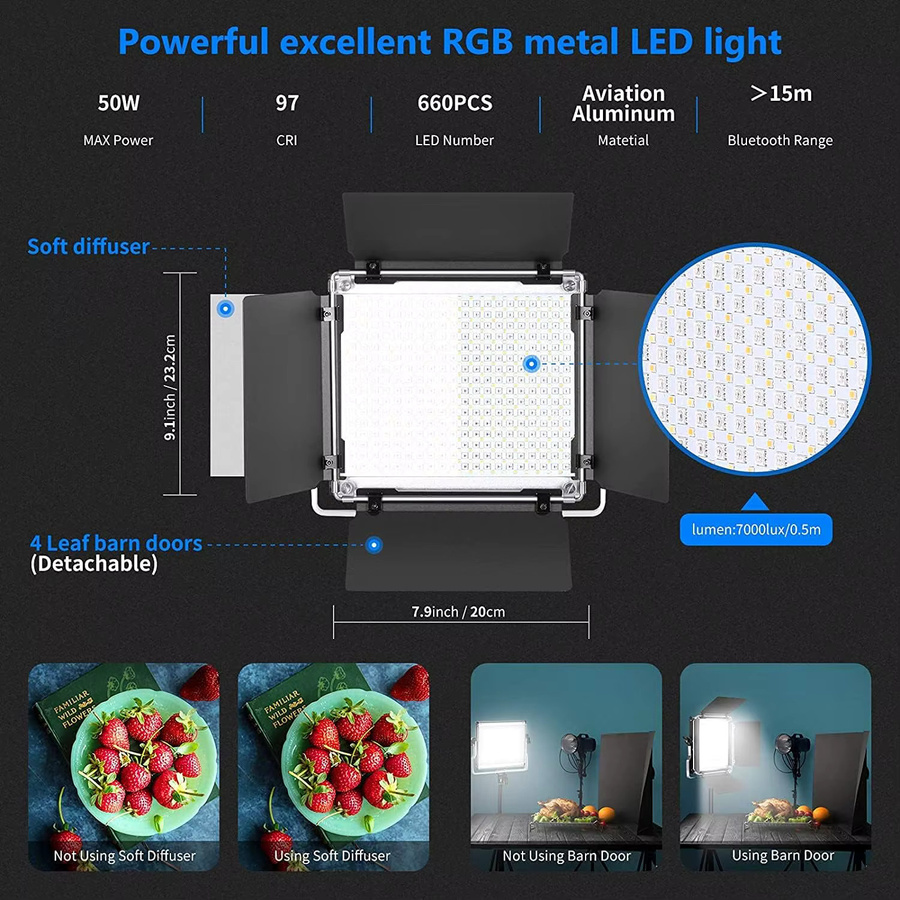 NEEWER 660PRO RGB LED-Videoleuchte in Schwarz mit 50W Leistung, APP-Steuerung und 360 Grad Vollfarb-Beleuchtung sowie CRI 97 und Barndoor- sowie U-Form-Blendenunterstützung - Bild 2