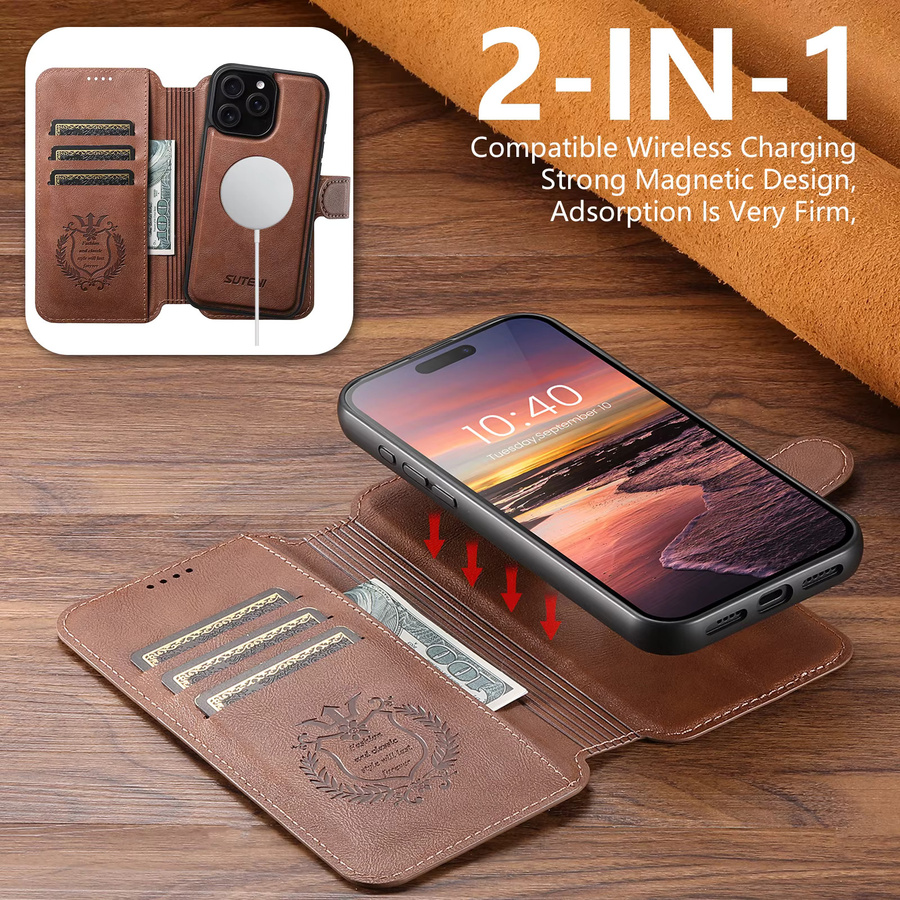 Suteni Magnetische Flip-Cover Handyhülle aus PU-Leder mit Kartenhalter und Standfunktion für iPhone, erhältlich in Blau und Braun - Bild 2