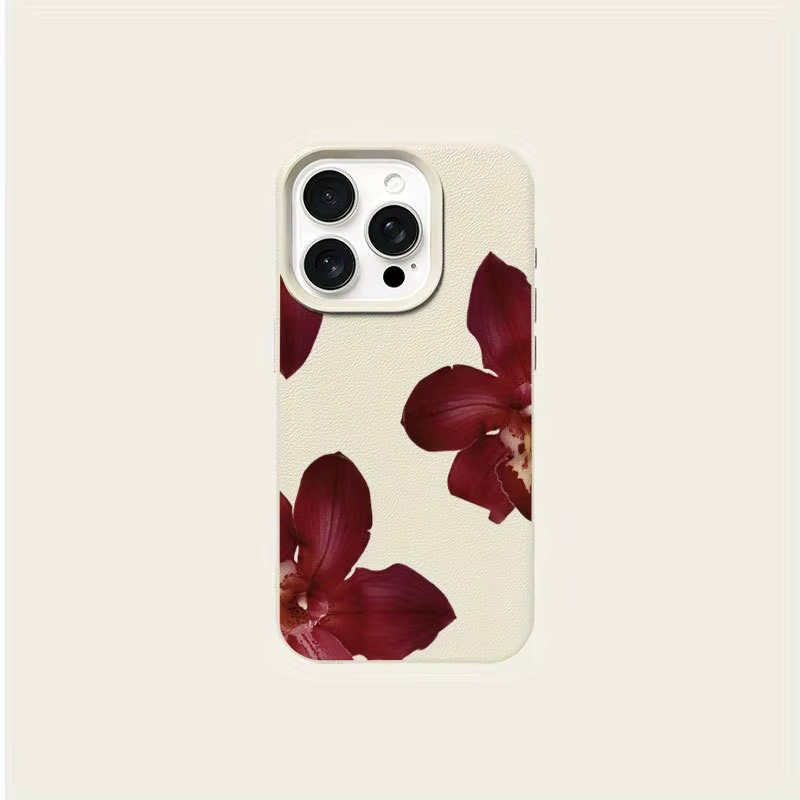 Handyhülle mit Lychee-Struktur und Orchideenmuster für Apple iPhone 17 16 15 Pro Max Plus in Beige/Multicolour - Bild 5