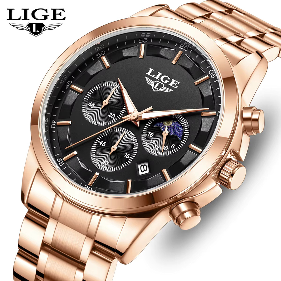 LIGE Armbanduhr Chronograph, Quarz, Edelstahl, Schwarz, Herren - Bild 5