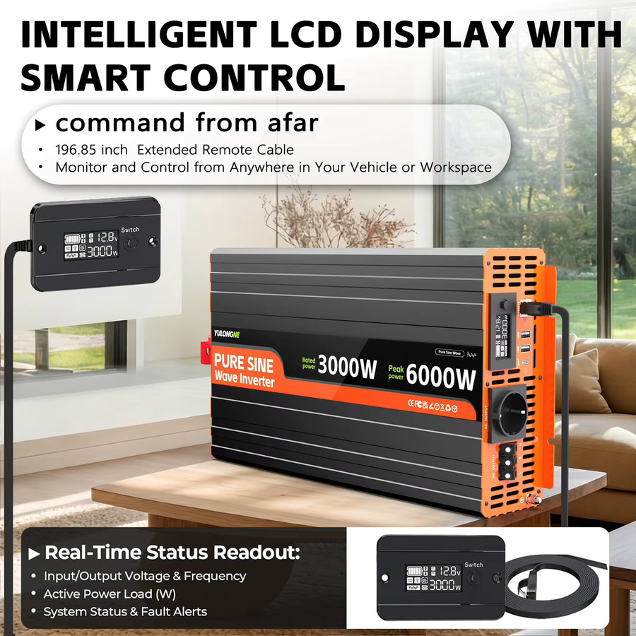 YULONGNE DC 12V zu AC 230V Reiner Sinus-Wechselrichter mit EU-Steckdose und LCD-Fernbedienung, Schwarz - Bild 5