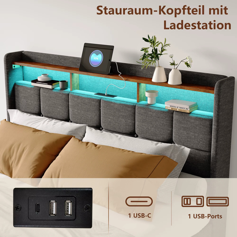 Roshanda Modernes Doppelbett mit 4 Schubladen und Polsterung aus Leinen, B/T/H: 140 x 200 cm, Grau/Beige - Bild 4