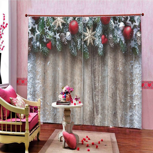 Set aus 2 roten Weihnachtsvorhängen mit Weihnachtskugel- und Baumlicht-Motiv, halbtransparent, Polyester, B: 50 cm, H: 130 cm - Bild 1
