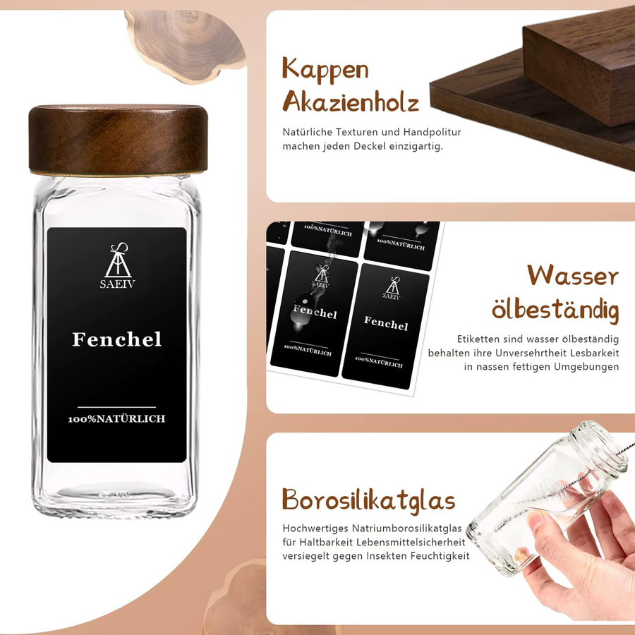 SAEIV Glas-Gewürzgläser-Set transparent mit wasserfesten Etiketten und Schraubverschluss, 120 ml pro Glas - Bild 3