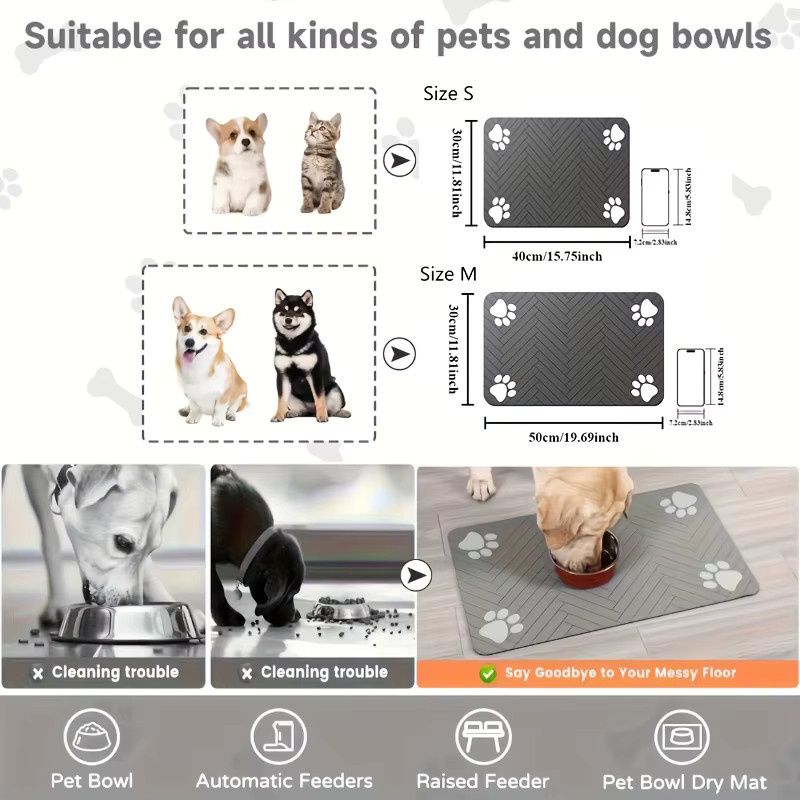 VIKAMA Waschbare Silikon-Futtermatte für Hunde und Katzen, rutschfest und saugfähig, grau, B/T/H: 30 x 30 x 1 cm - Bild 3