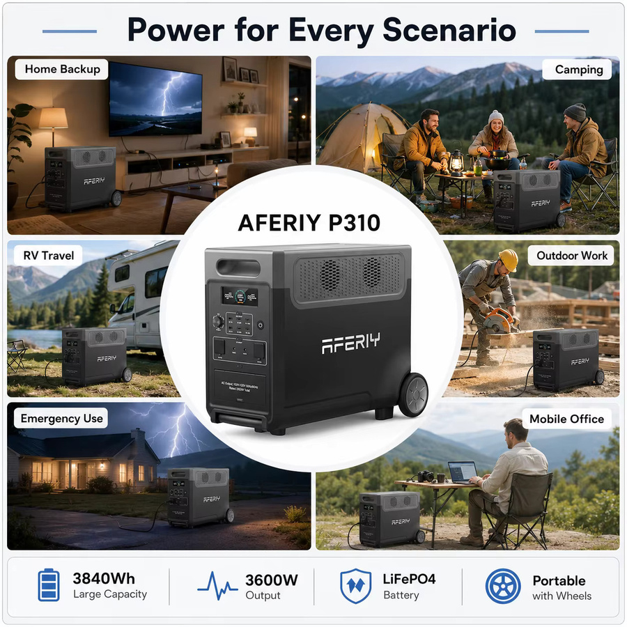 AFERIY AF-P310 Tragbare Powerstation 3600W Solargenerator mit 3840Wh LiFePO4-Akku in Schwarz für Zuhause und Outdoor-Camping - Bild 4