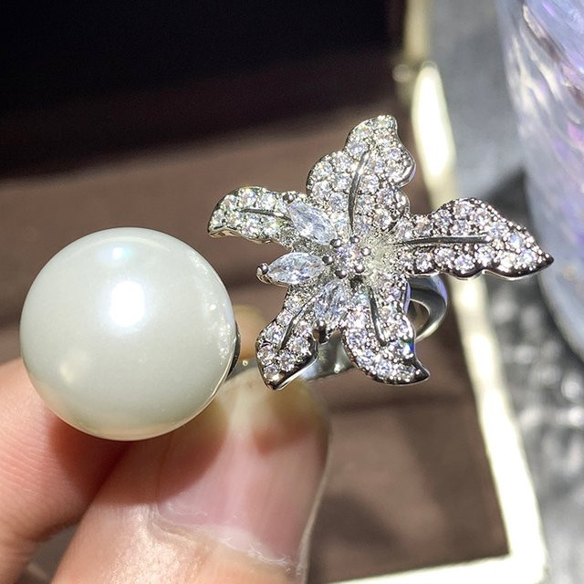 Huitan Ring, simulierte Perle, Blume, CZ, Damen - Bild 1