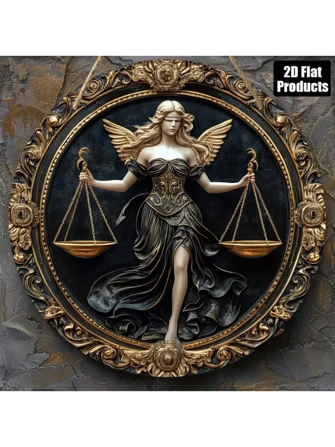 HELLOYOUNG Vintage Wandkunst Waage Sternzeichen mit Lady Justice Scales in Gold, Rund, Durchmesser: 20 cm - Bild 4