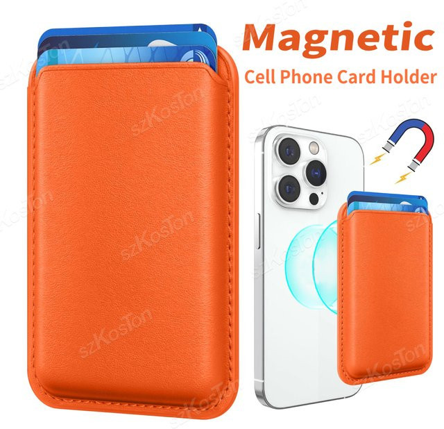 MagSafe Handy-Kartenhalter aus Leder für iPhone 16, 15, 14, 13 und 12 von SZKOSTON mit RFID-Schutz in Lila und Orange - Bild 1