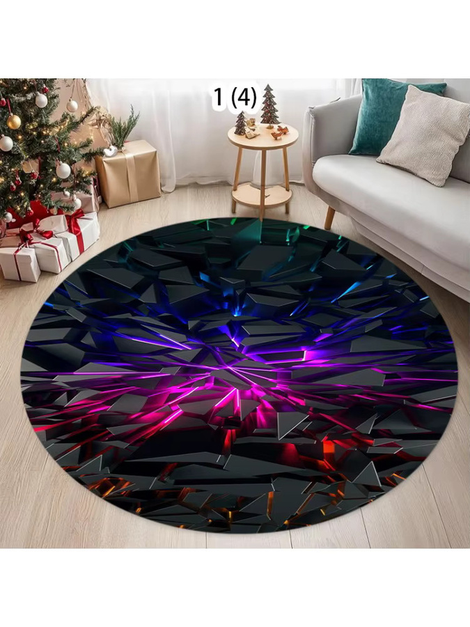 Runder Teppich mit geometrischem 3D-Polygonmuster und Neon-Effekt, rutschfest und modern, mehrfarbig - Bild 2