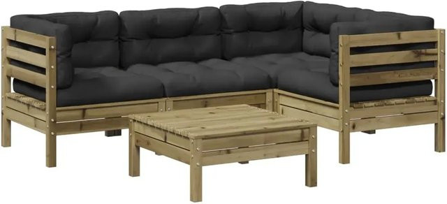 vidaXL 5-tlg Garten-Sofagarnitur L-Form aus imprägniertem Kiefernholz mit Polsterkissen in Anthrazit und Grau - Bild 1