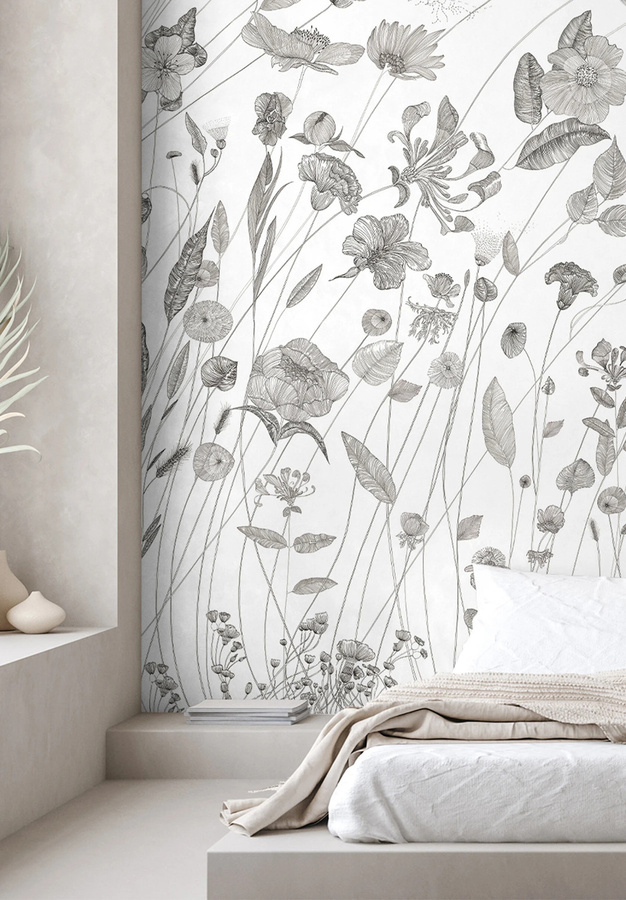 Isidore Leroy Mural Prairie A Fototapete in Grau und Weiß mit floralem Naturmotiv, Vlies-Material, Breite: 330 cm, Höhe: 250 cm - Bild 1