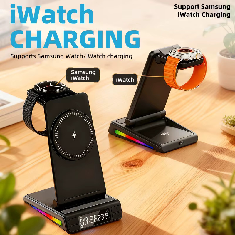 LYNXZ 5-in-1 Faltbares Kabelloses Ladegerät mit Wecker, Temperaturanzeige und RGB-Licht, 15W Magnetisches Schnellladegerät für iPhone 12-17 und iWatch, Schwarz - Bild 3