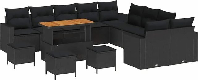 vidaXL Garten-Sofa-Set 14-teilig aus Poly-Rattan und Akazienholz in Schwarz mit Polstern und Tisch - Bild 1