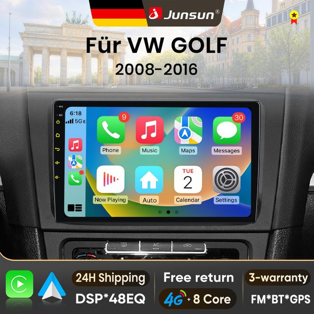 Junsun Android 15 Autoradio für VW Volkswagen Golf 6 VI 2008-2016 mit 9 Zoll Display, kabelloses Apple CarPlay und Wi-Fi, Farbe: Schwarz - Bild 1