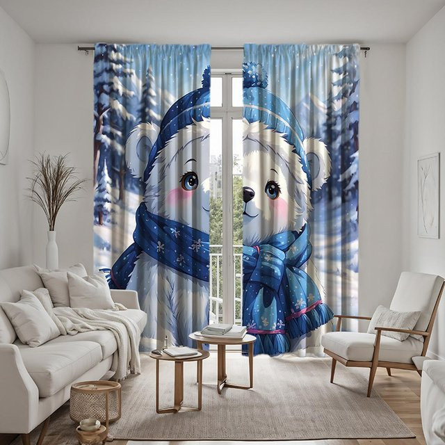 2-teiliges Set dekorative Vorhänge mit Winterbär-Motiv in Grau und Blau, B: 132 cm, H: 160 cm - Bild 1