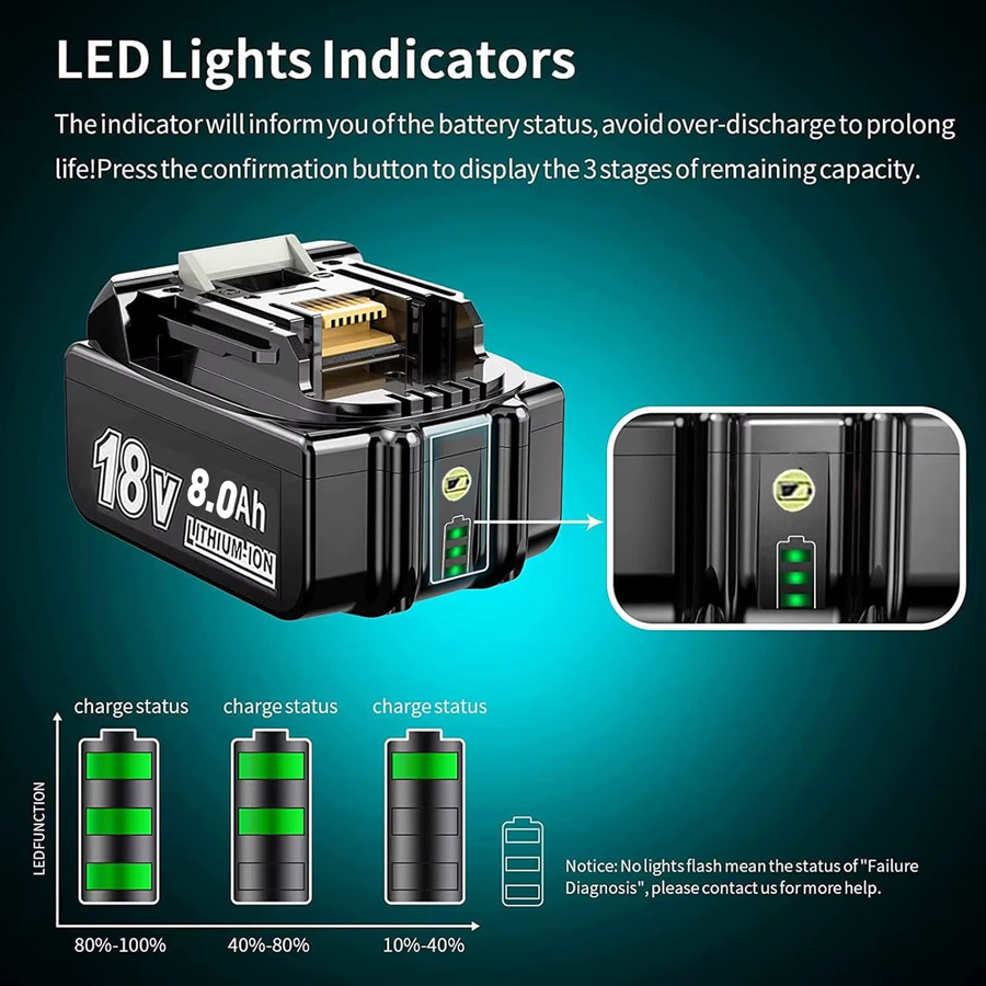 Turpow 18V 8000mAh Akku für Makita BL1830 BL1815 BL1860 BL1850 BL1840B Akku-Elektrowerkzeuge inklusive 4A 6A Ladegerät in Schwarz - Bild 4