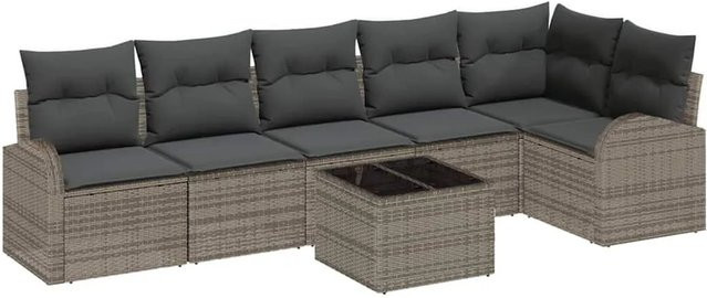 vidaXL Garten-Sofa-Set 7-teilig aus Polyrattan in Grau mit Kissen und Tisch im L-Shape Design - Bild 1