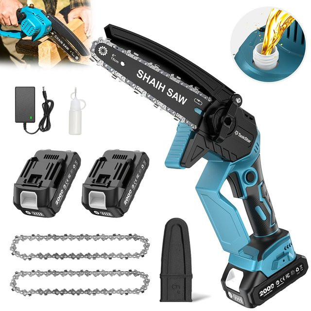 TaskStar Mini 6-Zoll Handheld-Kettensäge in Blau mit 2 Akkus 2.0Ah und Auto-Ölung, kompatibel mit Makita 18V Akkus - Bild 1