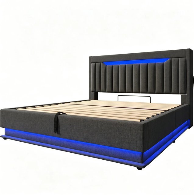 okwish Polsterbett Grau mit LED, Stauraum, USB-Anschluss und Matratze B/T/H: 140 x 200 x 218 cm - Bild 1