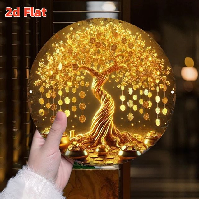 HELLOYOUNG Geldbaum Wanddekoration Goldene Feng Shui Kunst als Rundes Floral Motiv mit Blättern - Bild 1