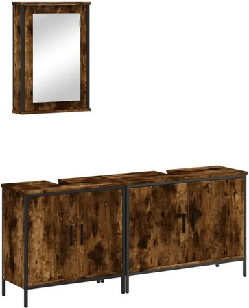 vidaXL 3-teiliges Badmöbel-Set aus Holzwerkstoff in Räuchereiche mit Spiegelschrank und 2 Waschbeckenunterschränken, Farbe: Braun