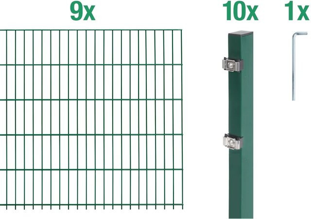 Metallzaun Grund-Set Doppelstabmatte aus Stahl, grün beschichtet, B/T/H: 9 x 2 x 1,6 m - Bild 1
