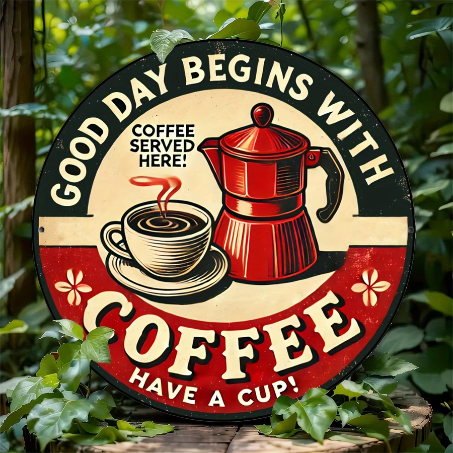 Potdemiel Rundes Vintage-Aluminiumschild Good Day Begins With Coffee in Multicolour, Durchmesser: 19,81 cm - Bild 4